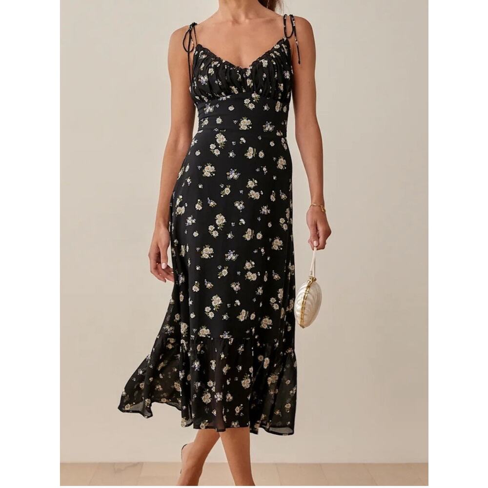 Reformation Embry Dress Black Daisy Midi size 6 NWT